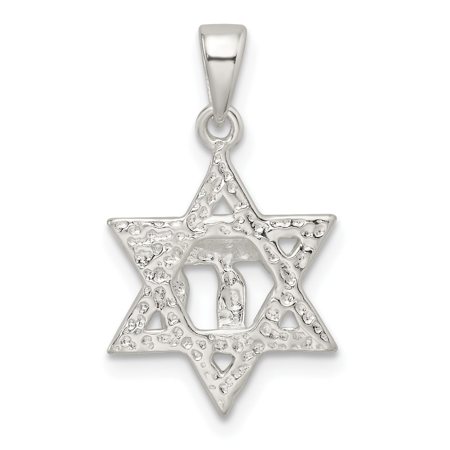 Sterling Silver Polished and D/C Star of David w/Chai Pendant