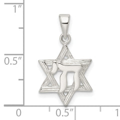 Sterling Silver Polished and D/C Star of David w/Chai Pendant