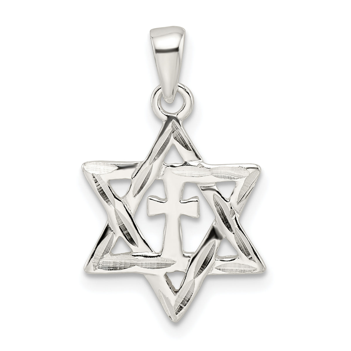 Sterling Silver Polished and D/C Star of David w/Cross Pendant
