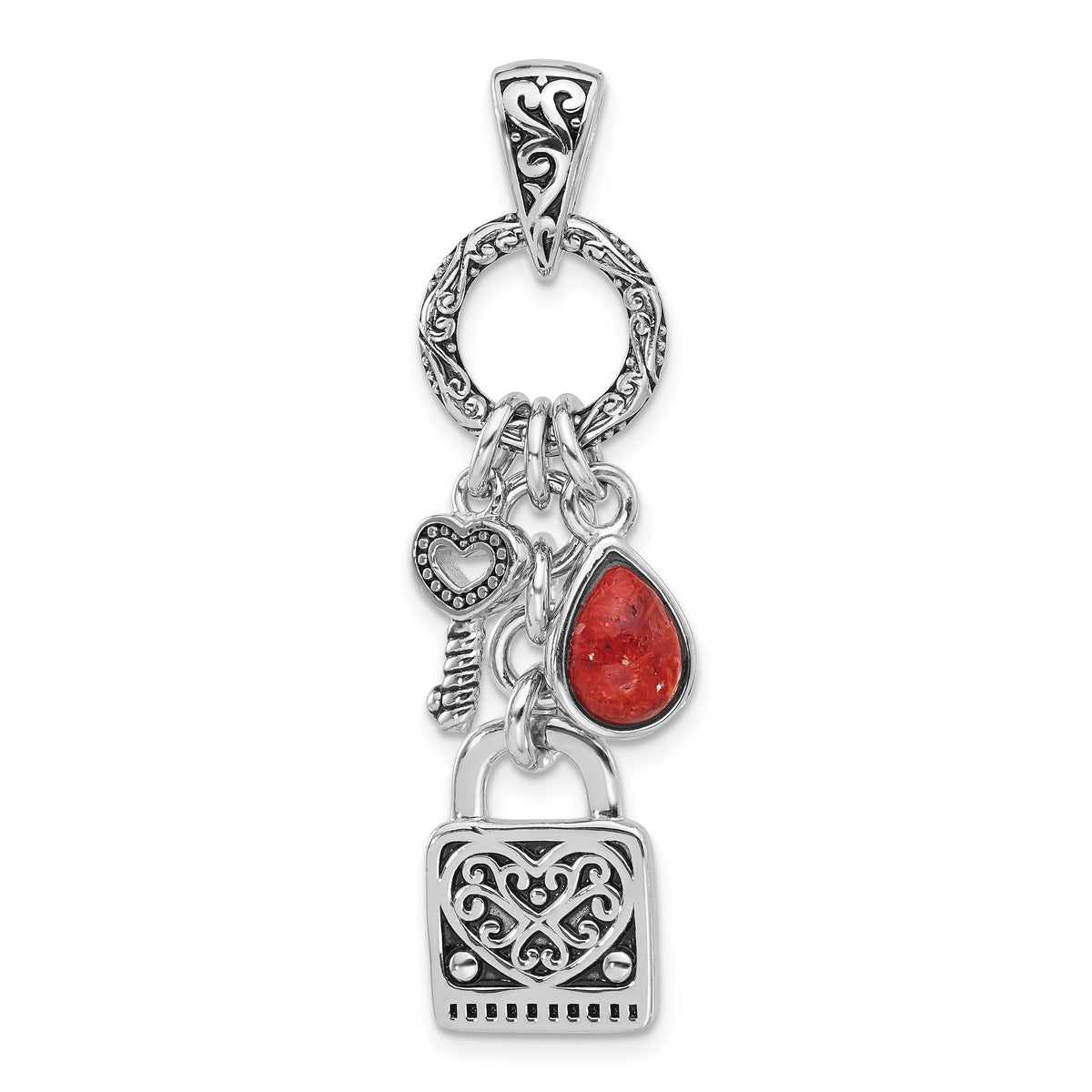 Lock & Key Coral Pendant in Sterling Silver, 46mm Textured Moveable - Sophia Jewelers Main image