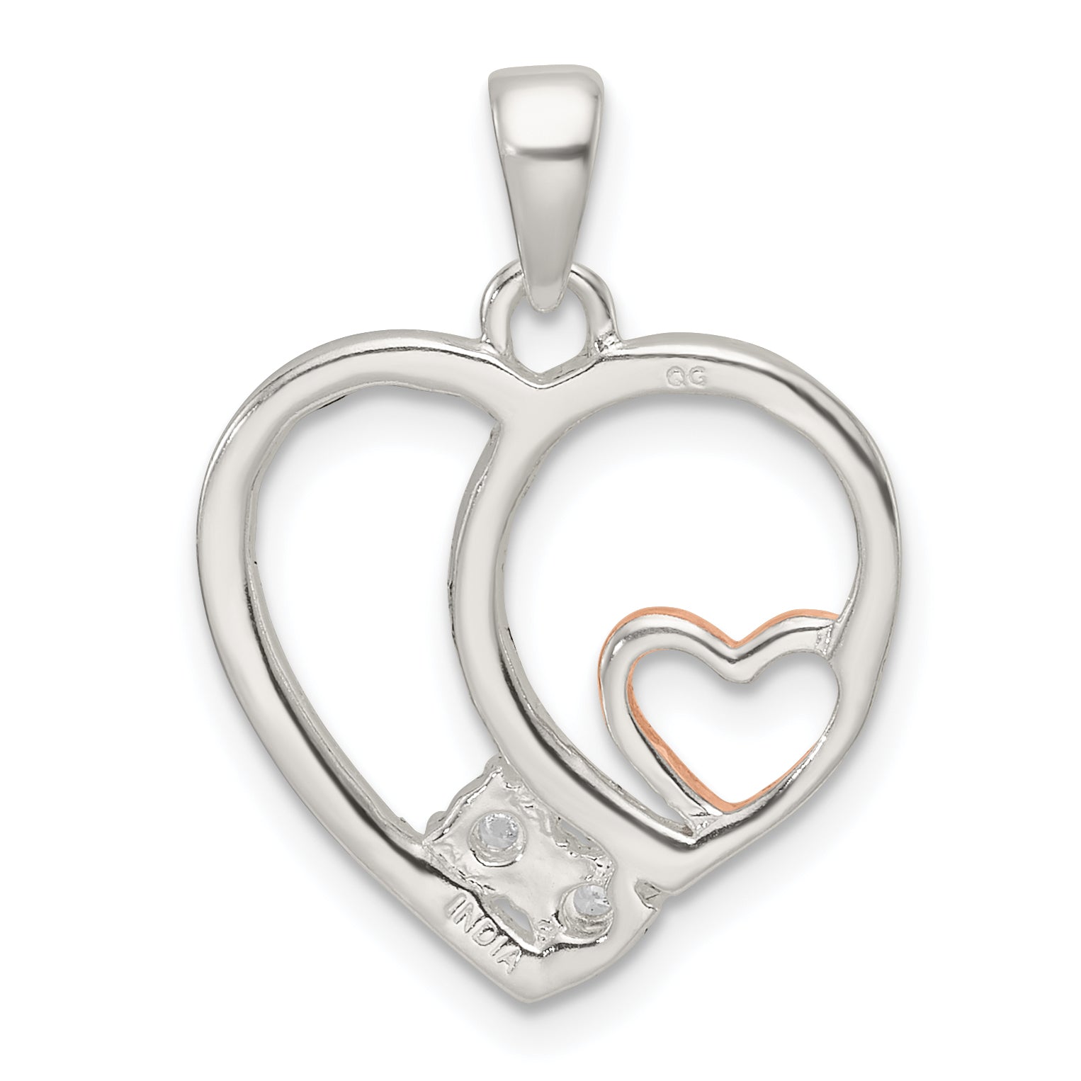 Sterling Silver Rose-tone Polished D/C CZ Open Heart Pendant