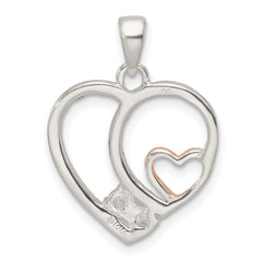 Sterling Silver Rose-tone Polished D/C CZ Open Heart Pendant
