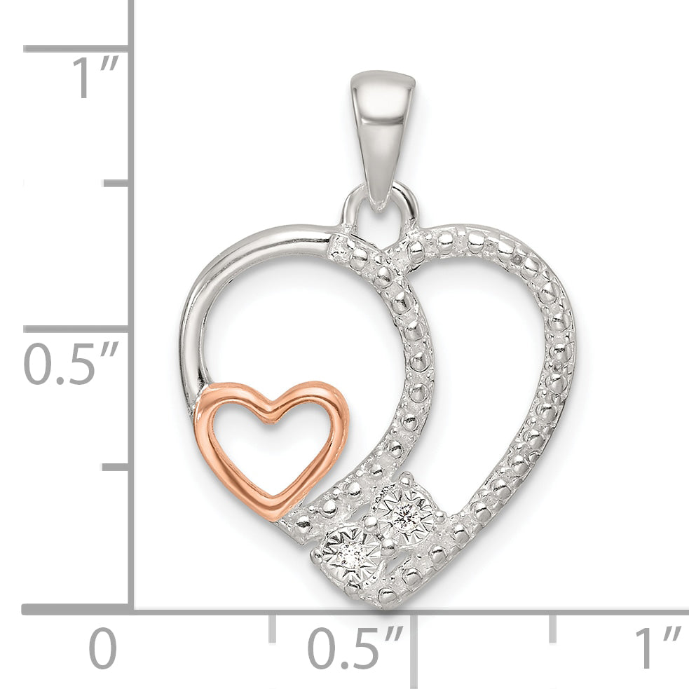 Sterling Silver Rose-tone Polished D/C CZ Open Heart Pendant