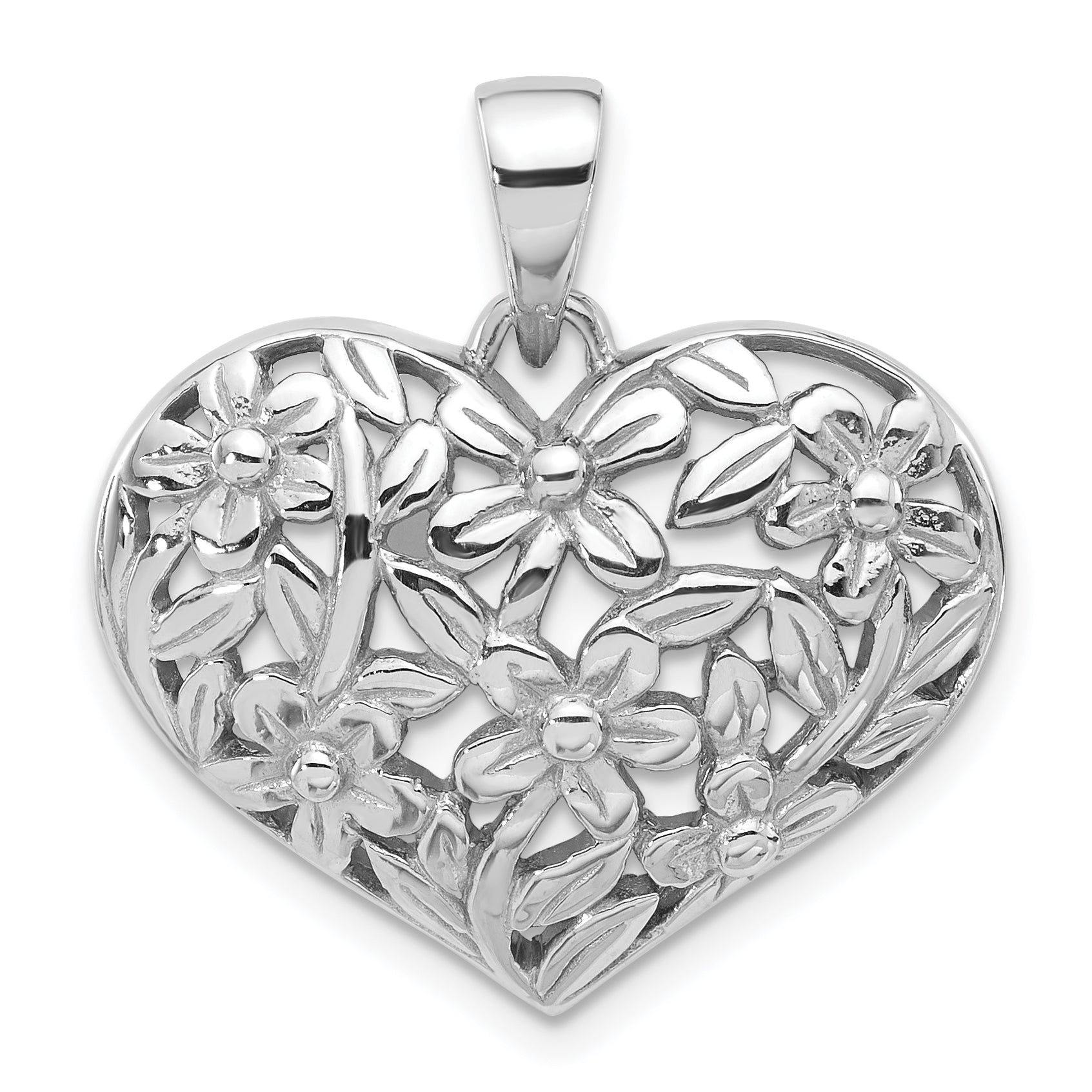 Sterling Silver Rhodium-Plated Polished Flower Heart Pendant Main image