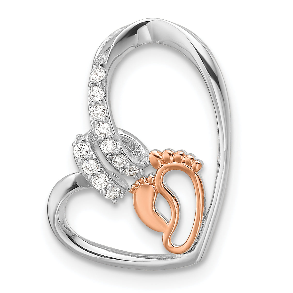 Sterling Silver Rhodium/Rose Gold-plated CZ Heart with Footprint Pendant Main image