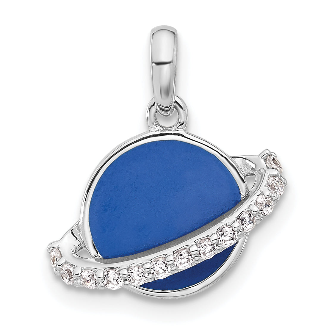 Sterling Silver Rh-plated Polished Round Blue Enamel CZ Planet Pendant Main image