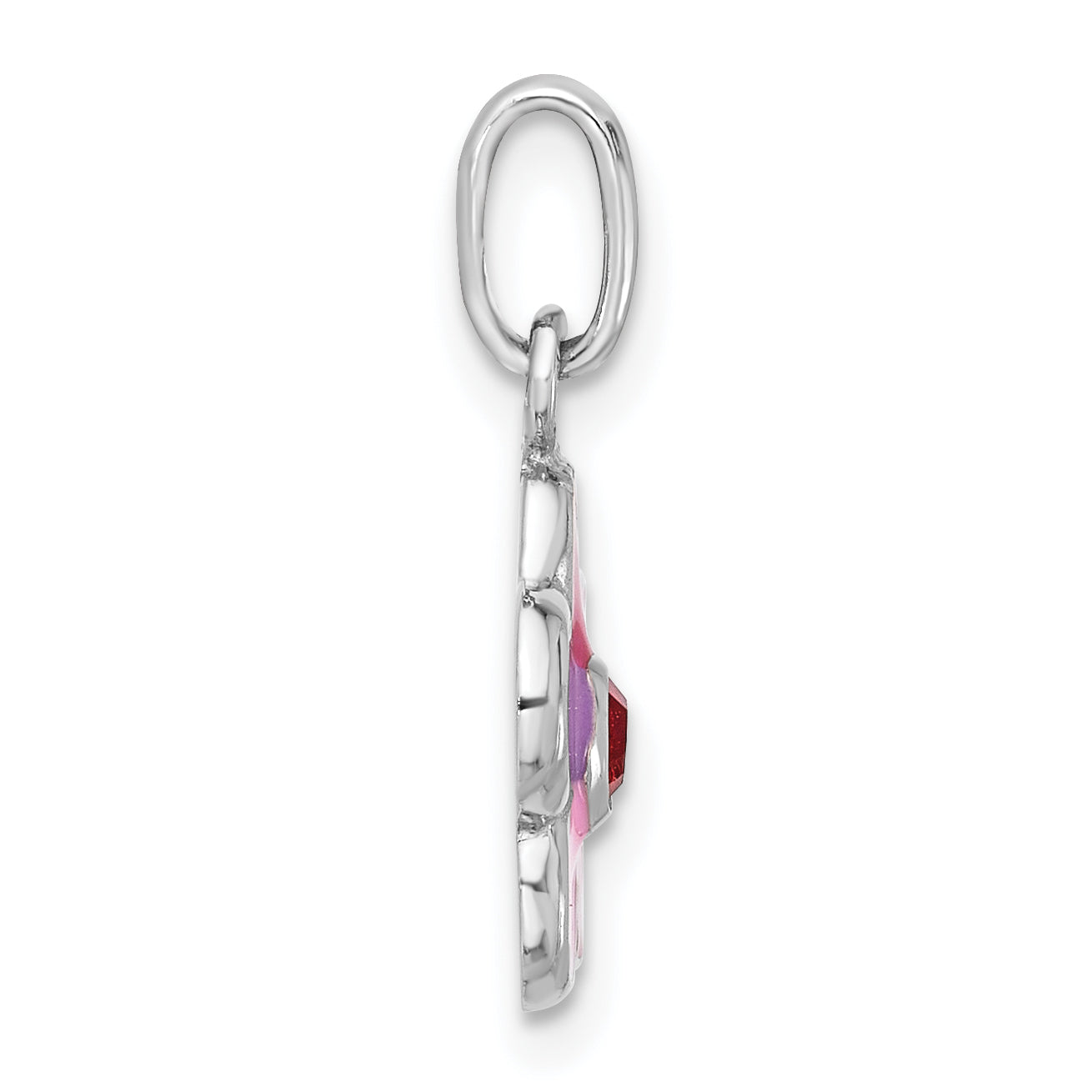 Sterling Silver Rhodium-plated Enameled Red Crystal Flower Charm Pendant