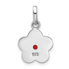 Sterling Silver Rhodium-plated Enameled Red Crystal Flower Charm Pendant