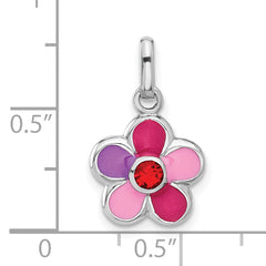 Sterling Silver Rhodium-plated Enameled Red Crystal Flower Charm Pendant