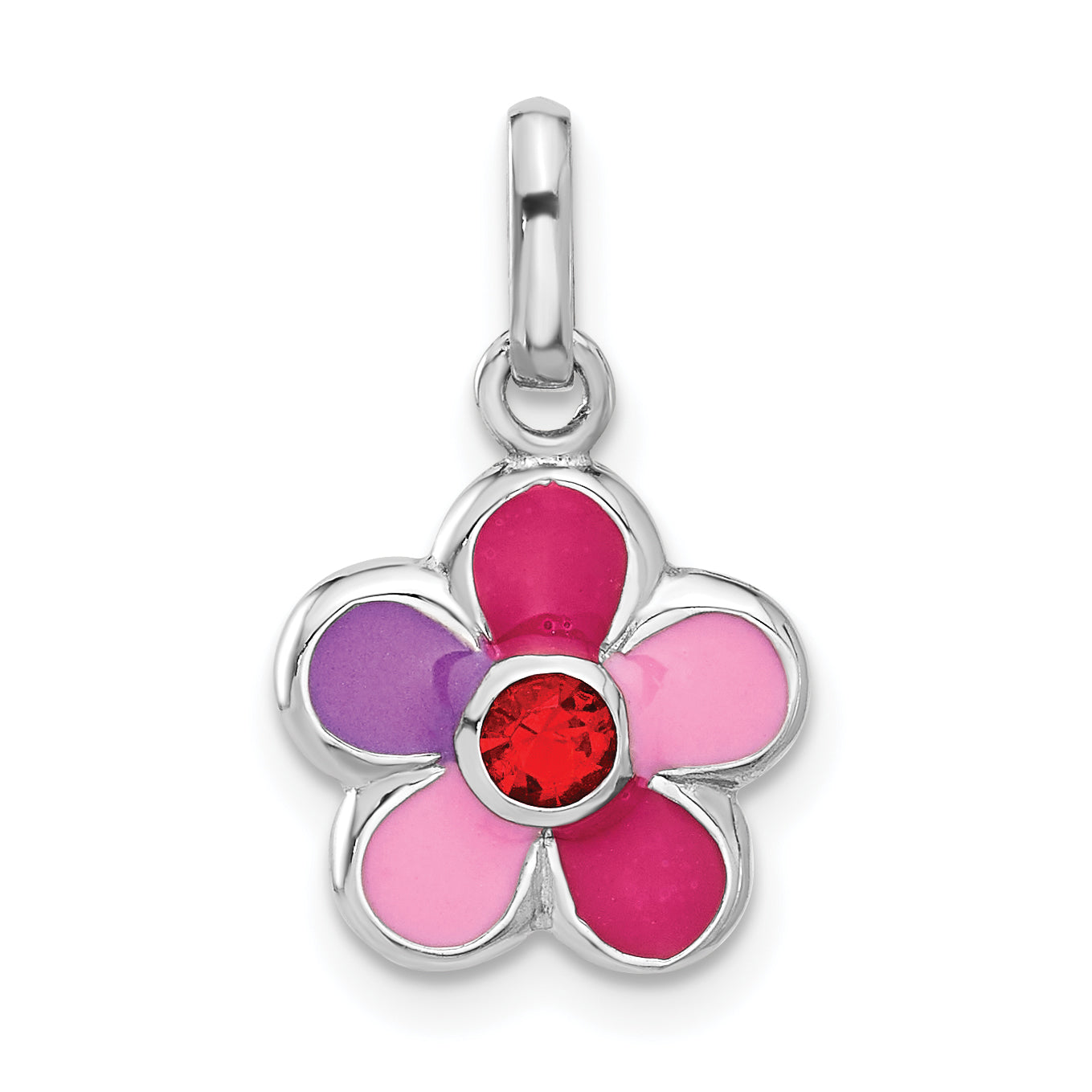 Sterling Silver Rhodium-plated Enameled Red Crystal Flower Charm Pendant Main image