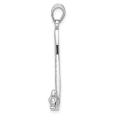 SS Rhod-Plated Polished Textured Teardrop w/Flower Dangle Pendant