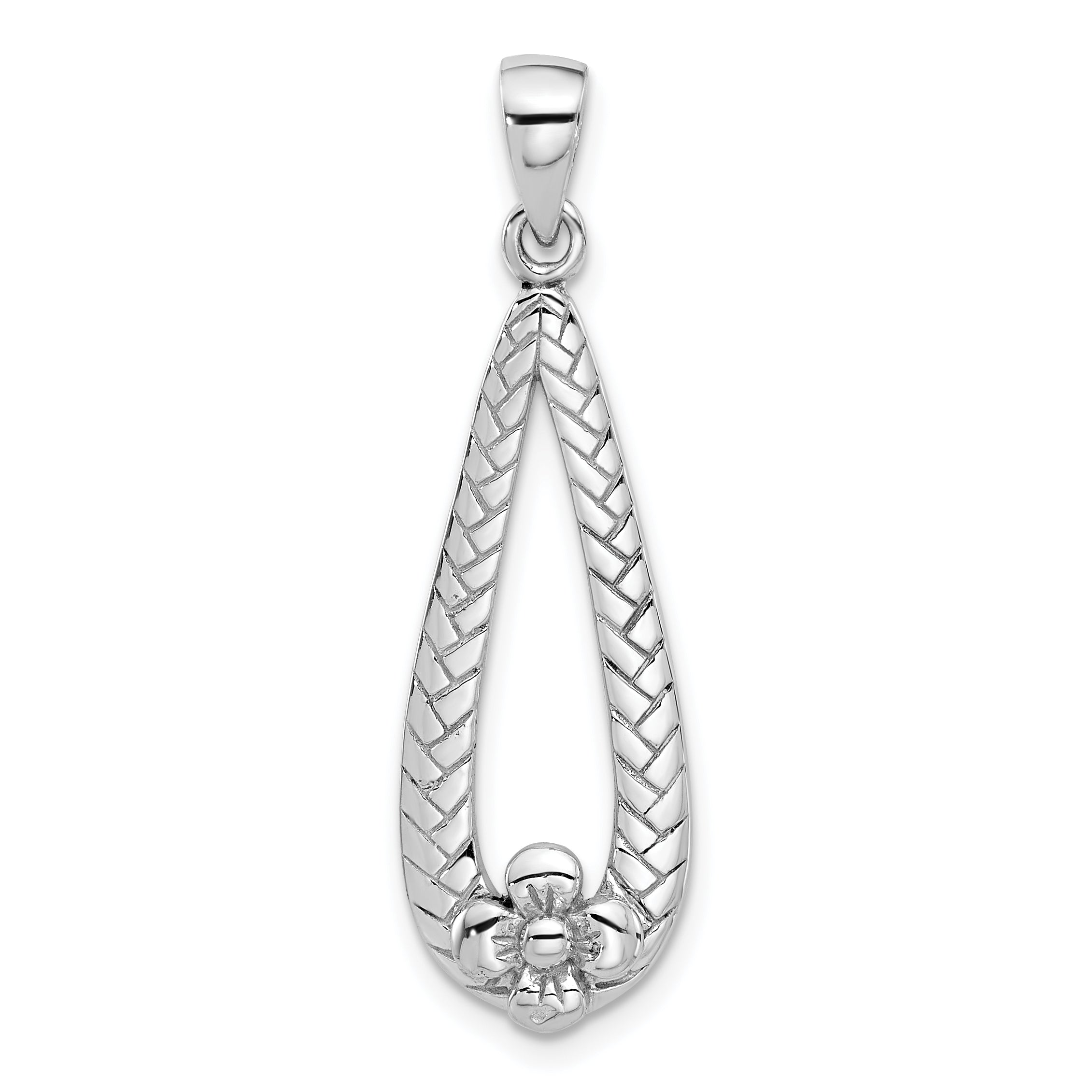 SS Rhod-Plated Polished Textured Teardrop w/Flower Dangle Pendant Main image