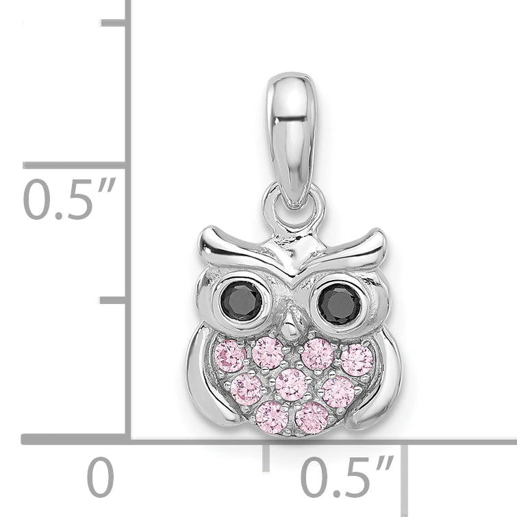 Sterling Silver Rhodium-plated Pink/Black CZ Owl Pendant