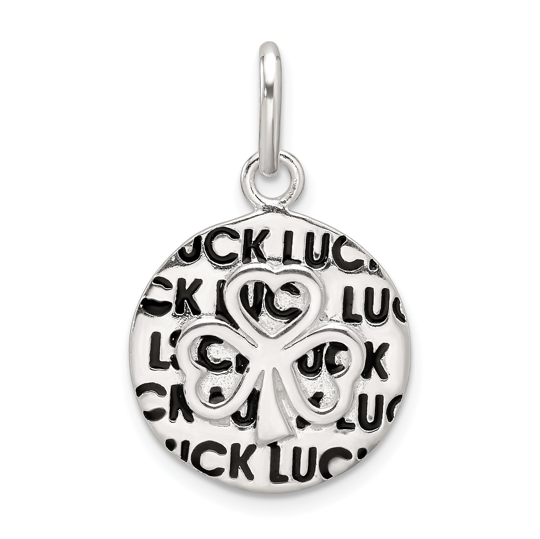 Sterling Silver Polished Enamel Luck with Clover Round Pendant Main image