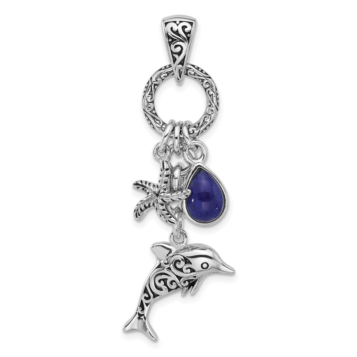Dolphin & Starfish Lapis Pendant in Sterling Silver, 50mm Moveable - Sophia Jewelers Main image