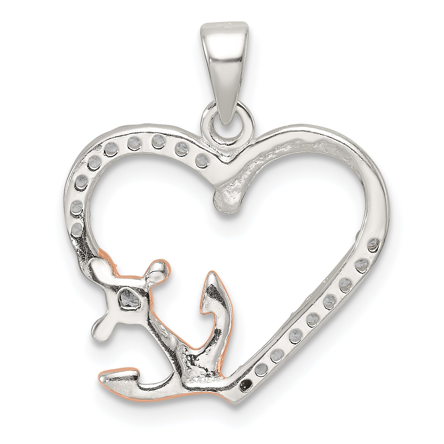 Sterling Silver Rose-tone Polished CZ Anchor Heart Pendant