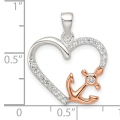 Sterling Silver Rose-tone Polished CZ Anchor Heart Pendant
