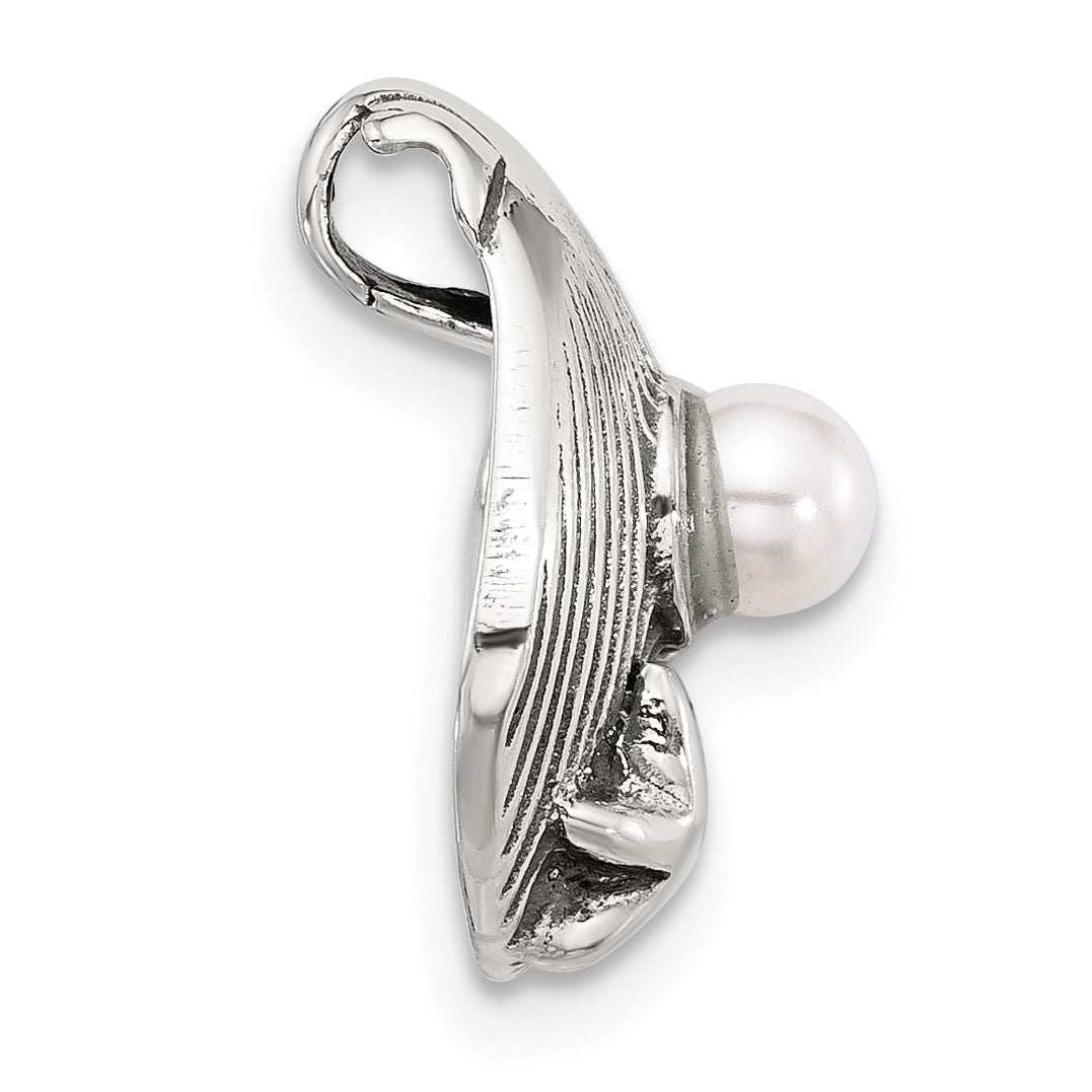 Sterling Silver Polished and Antiqued Synthetic Pearl Seashell Chain Slide Secondary image