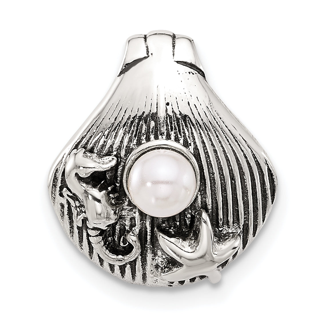 Sterling Silver Polished and Antiqued Synthetic Pearl Seashell Chain Slide Main image