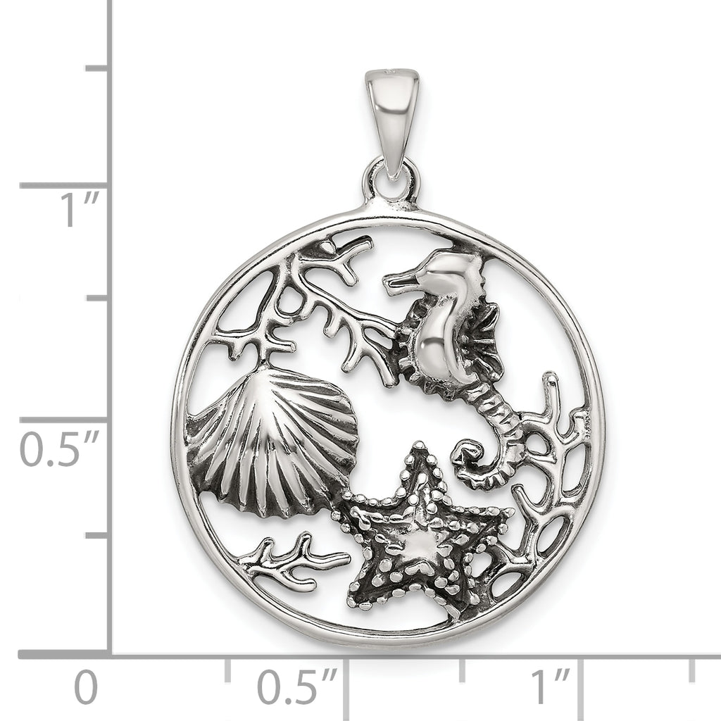 Sterling Silver Polished and Antiqued Sea Life Circle Pendant