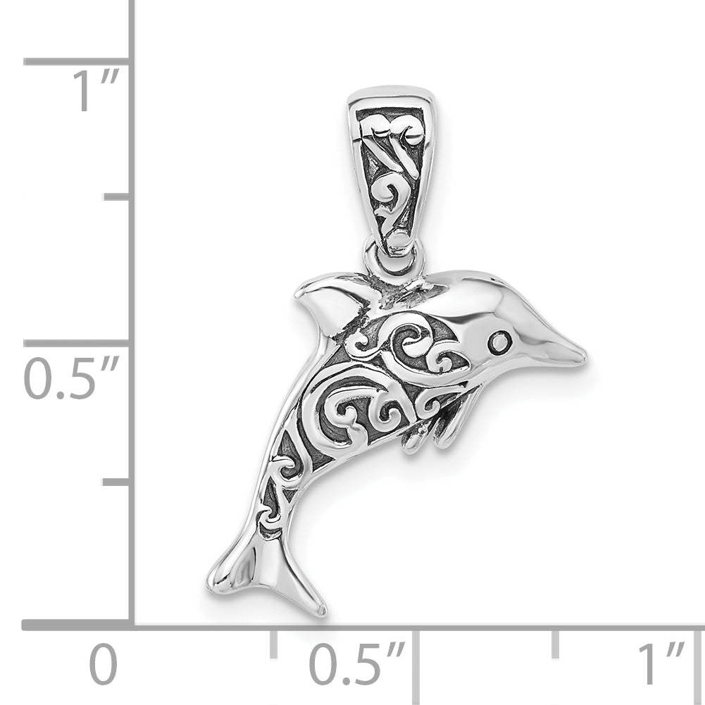 Sterling Silver Rhodium-plated Oxidized Dolphin Pendant