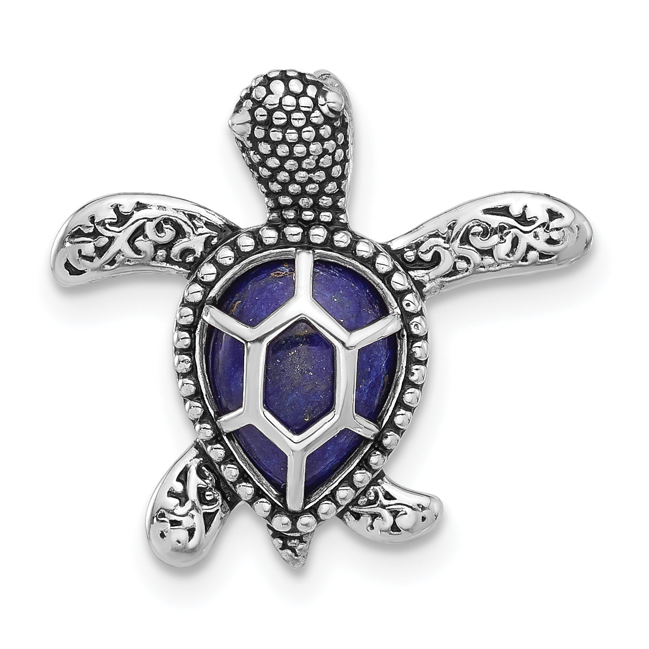 Sterling Silver Rh-plated Polished and Antiqued Lapis Turtle Chain Slide Main image