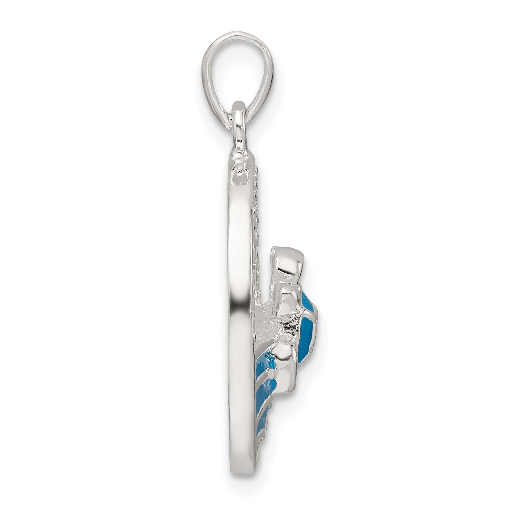 Sterling Silver Polished Blue Enamel and CZ Sea Turtle Circle Pendant Secondary image