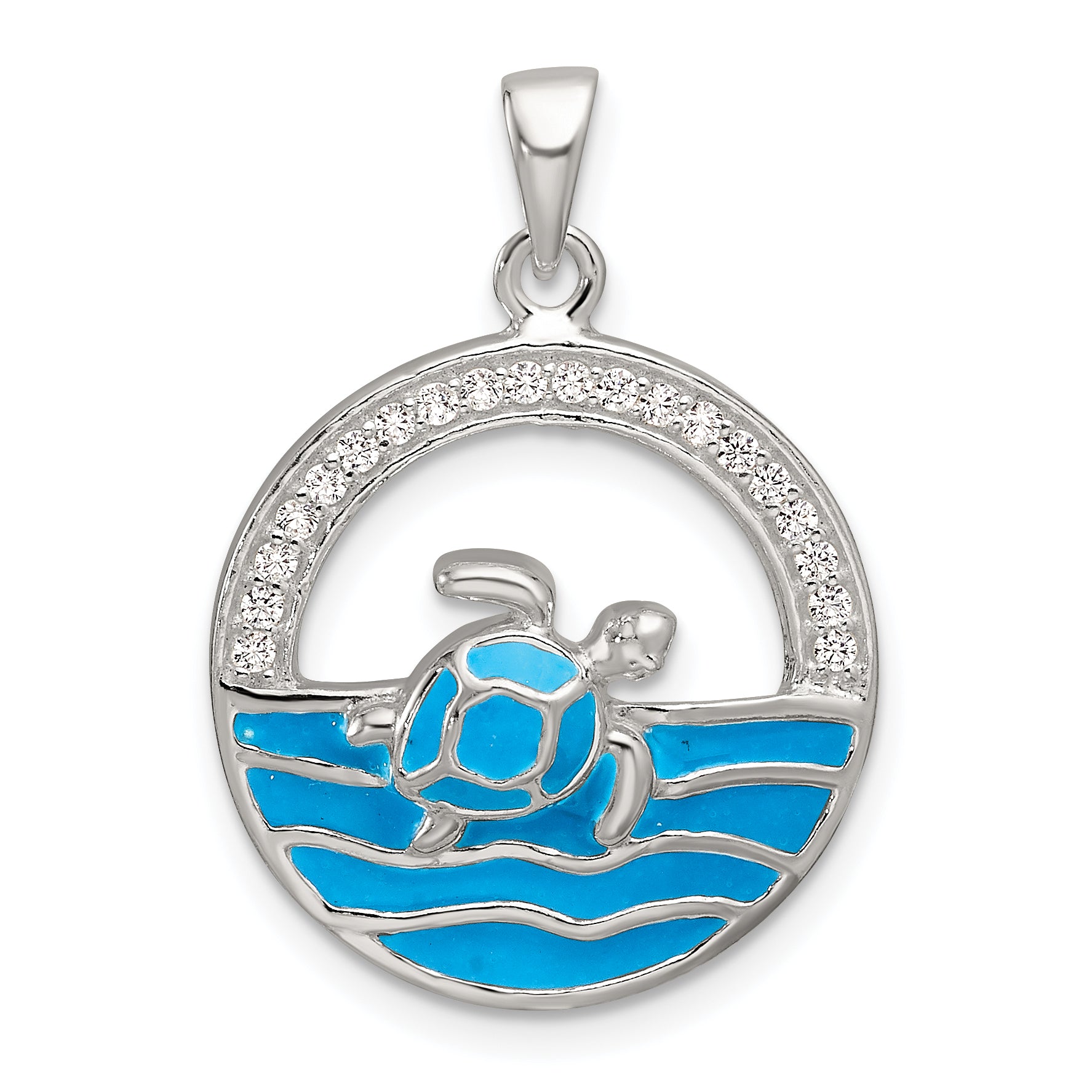 Sterling Silver Polished Blue Enamel and CZ Sea Turtle Circle Pendant Main image