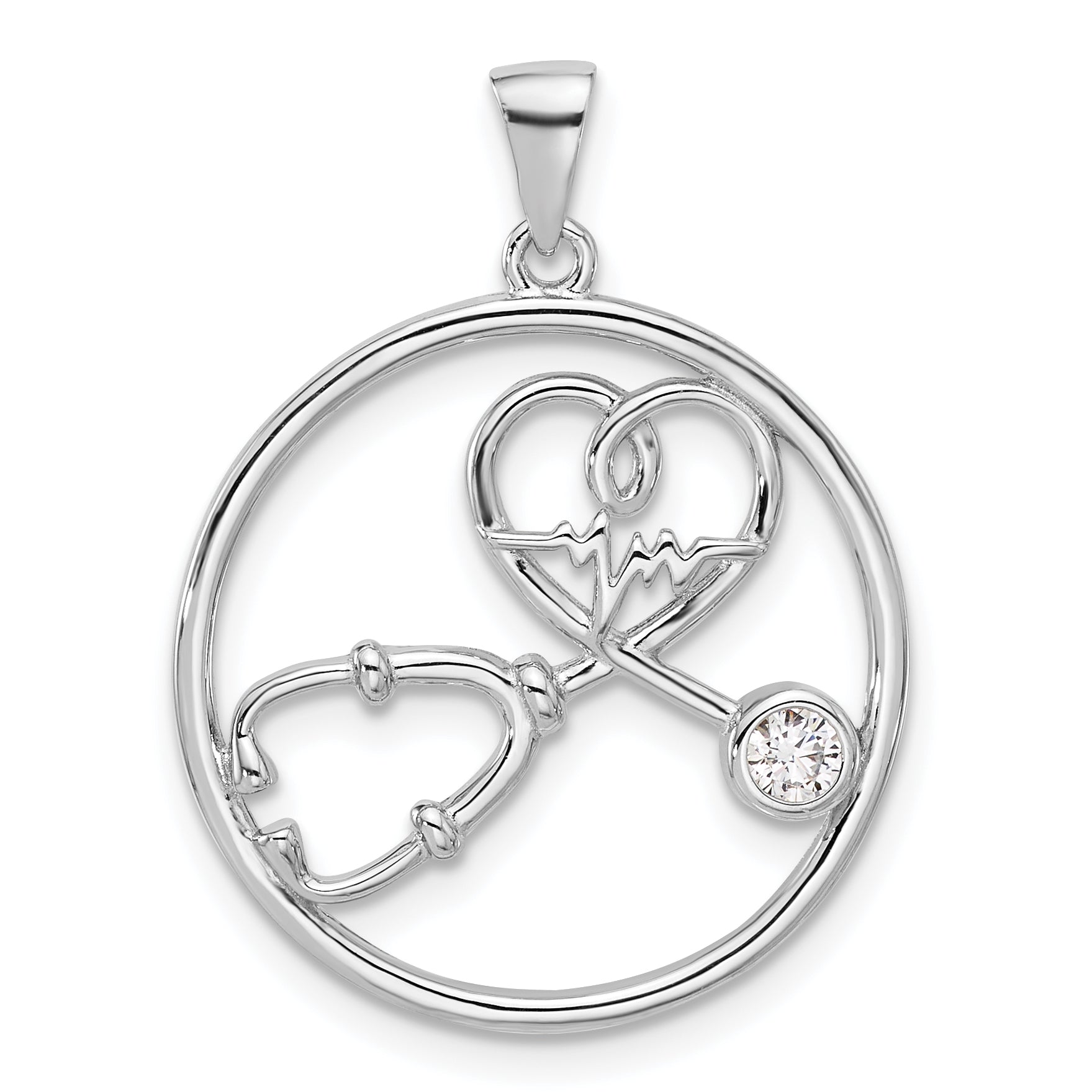 Sterling Silver Rhod-plated with CZ Stethoscope and Heartbeat Pendant Main image