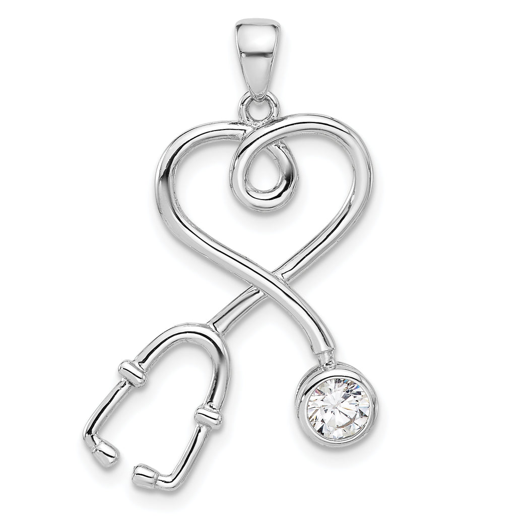 Sterling Silver Rhodium-plated with CZ Stethoscope with Heart Pendant