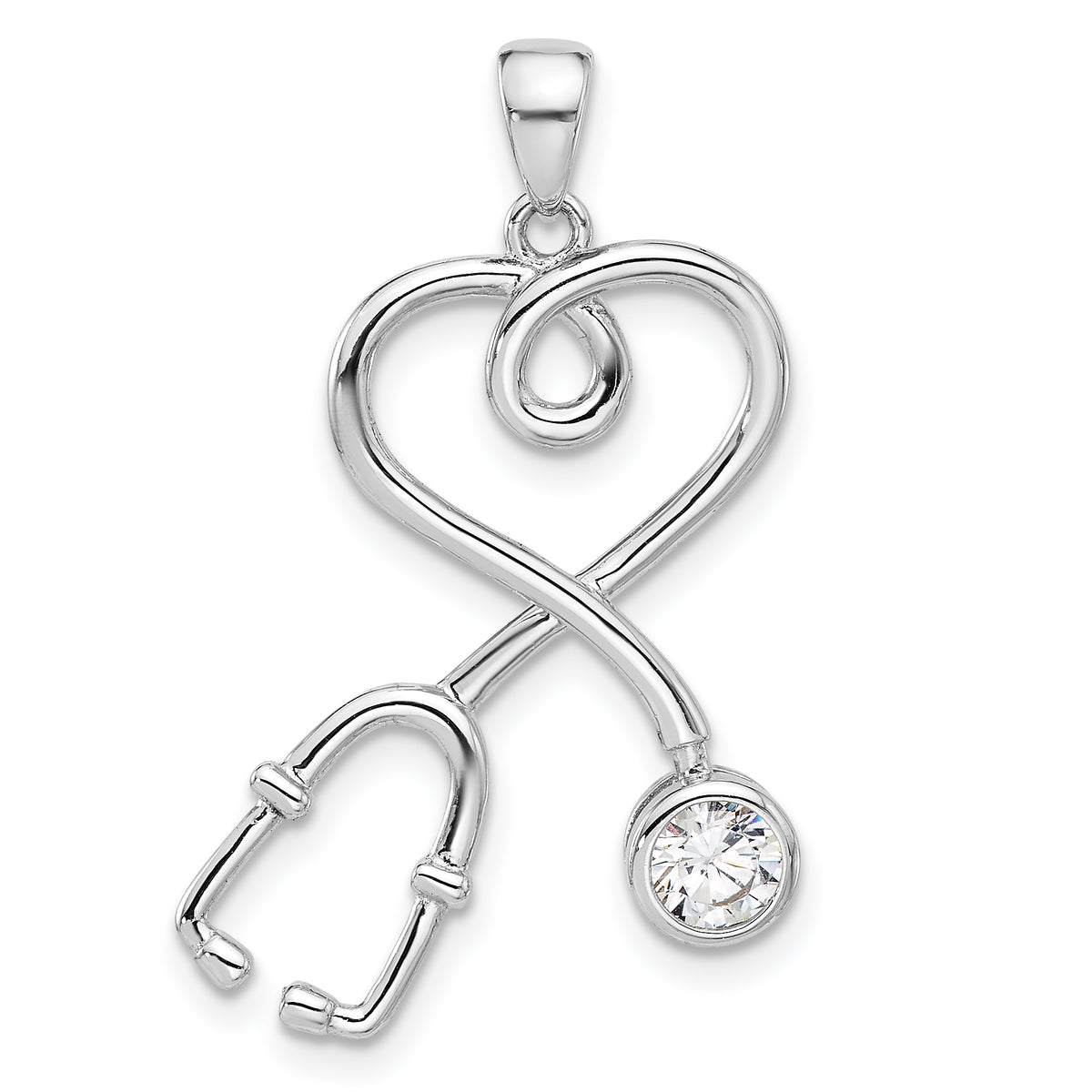 Sterling Silver Rhodium-plated with CZ Stethoscope with Heart Pendant