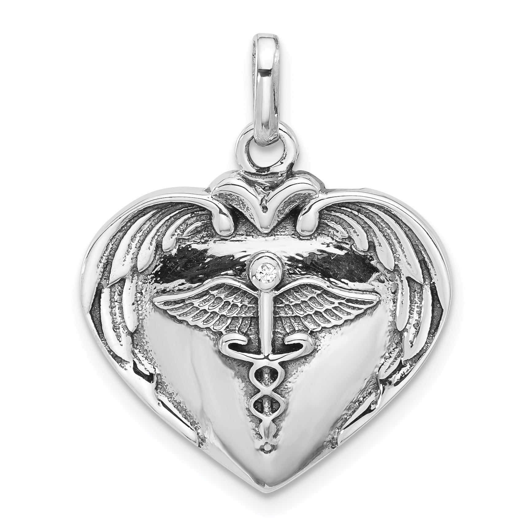 Sterling Silver Rh-plated Caduceus Heart and Wings CZ Oxidized Pendant Main image