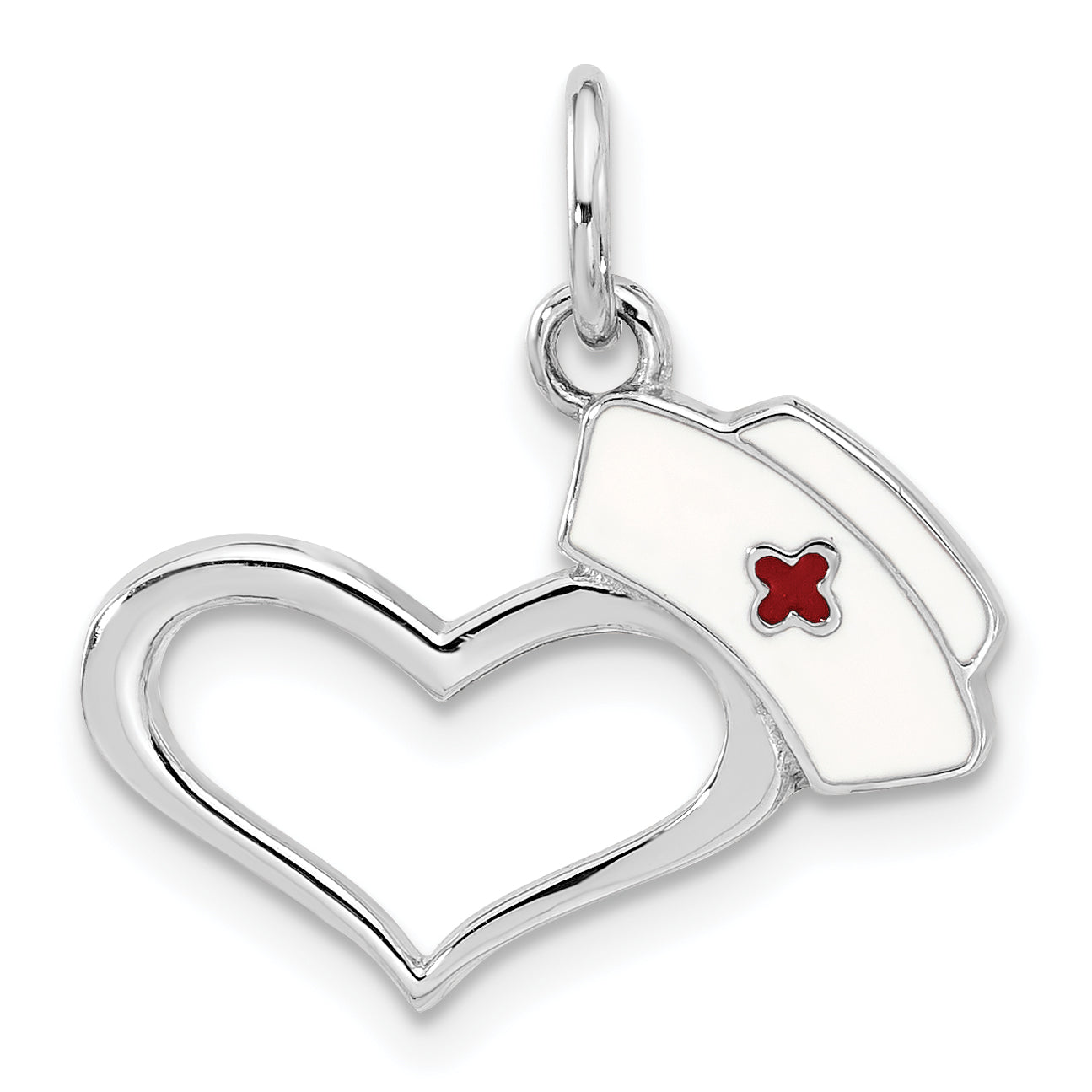 Sterling Silver Rhodium-plated Enameled Nurses Hat with Heart Pendant Main image