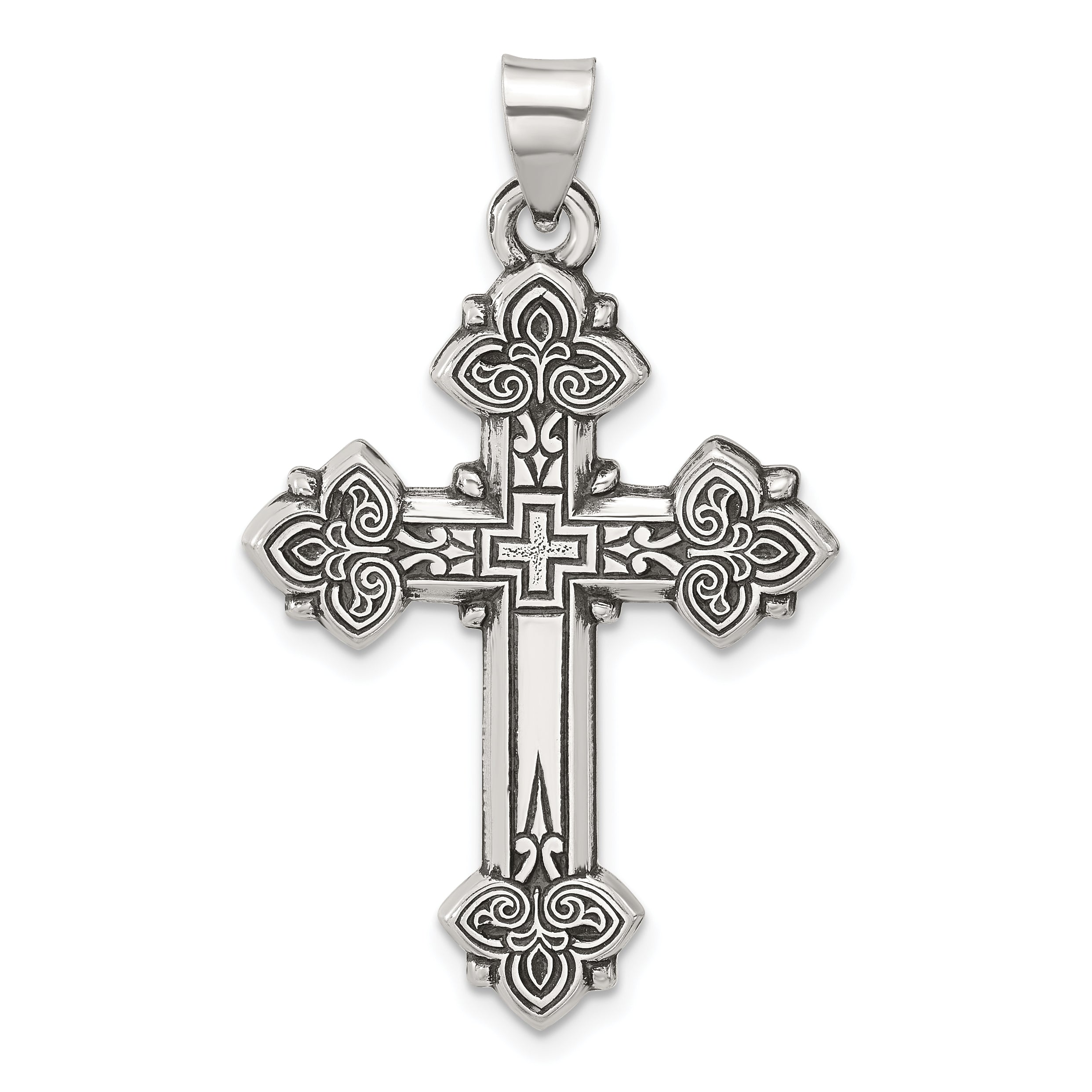 Sterling Silver Antiqued Solid Budded Cross Pendant Main image
