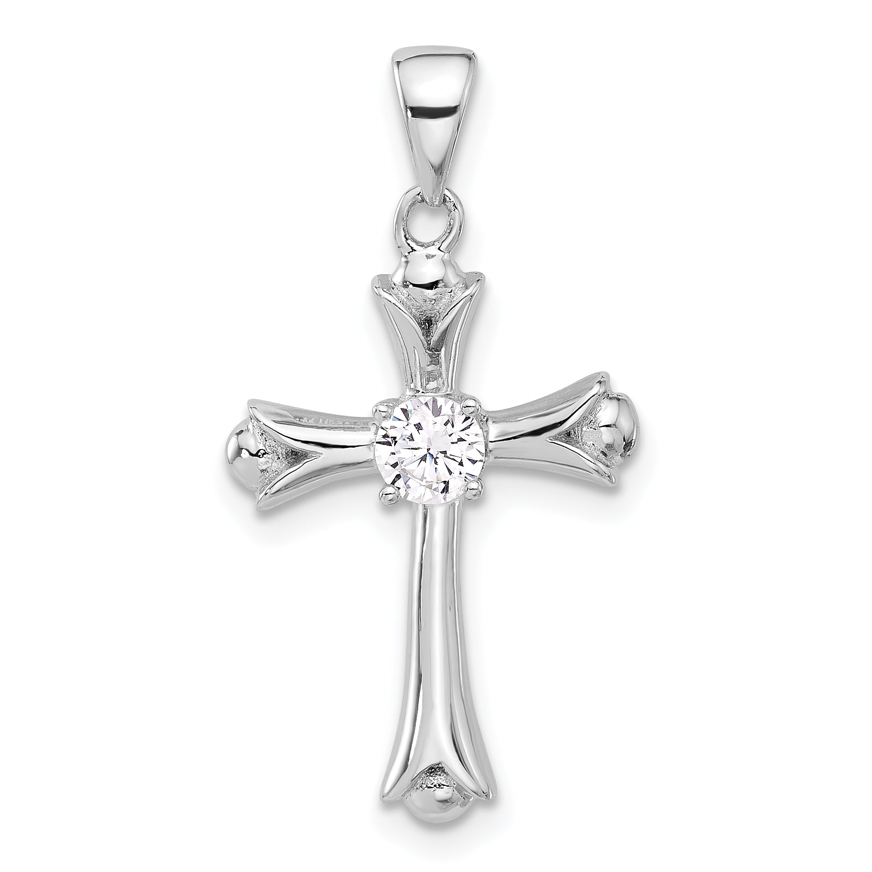 Sterling Silver Rhodium-plated CZ Budded Cross Pendant Main image