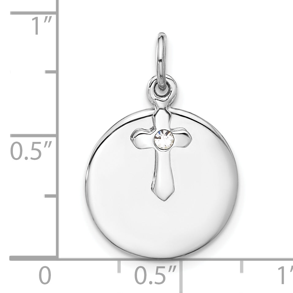 SS Rhodium-plated Circle Disk and Cross with Clear Crystal Pendant