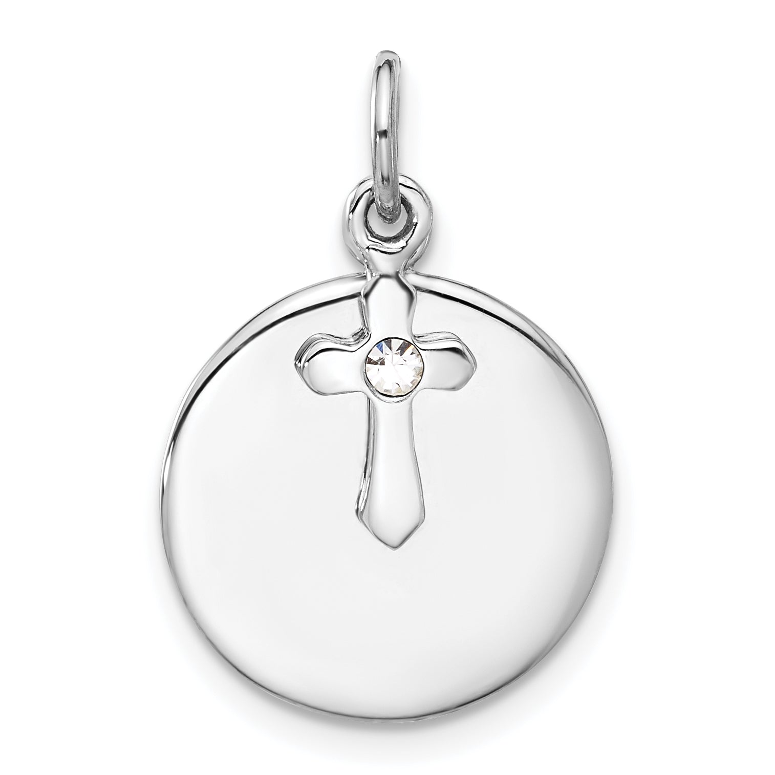 SS Rhodium-plated Circle Disk and Cross with Clear Crystal Pendant