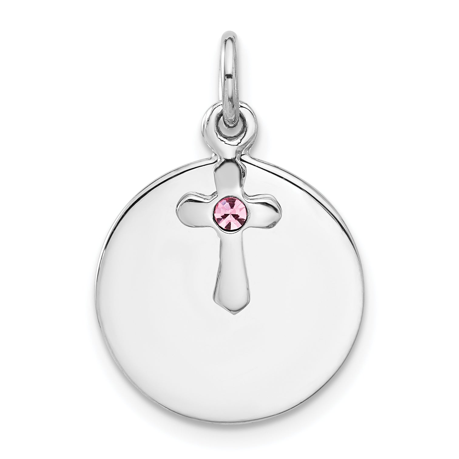 SS Rhodium-plated Circle Disk and Cross with Pink Crystal Pendant Main image