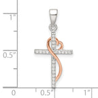 Sterling Silver Rose-tone Polished CZ Heart Cross Pendant