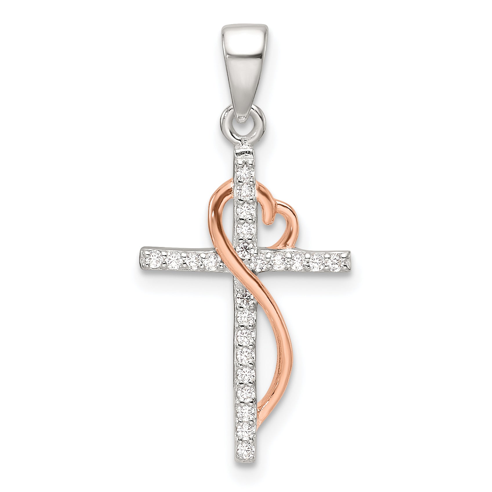Sterling Silver Rose-tone Polished CZ Heart Cross Pendant Main image