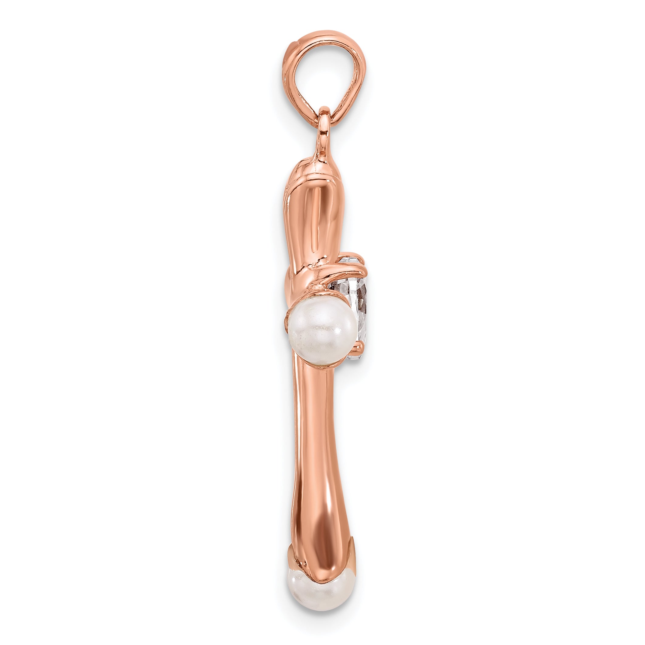 Sterling Silver Rose-tone Heart CZ and Synthetic Pearl Cross Pendant Secondary image