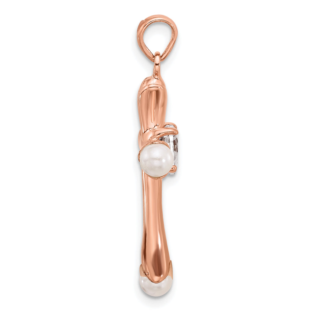 Sterling Silver Rose-tone Heart CZ and Synthetic Pearl Cross Pendant