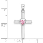 Sterling Silver Rhodium-plated Pink Heart CZ Cross Pendant