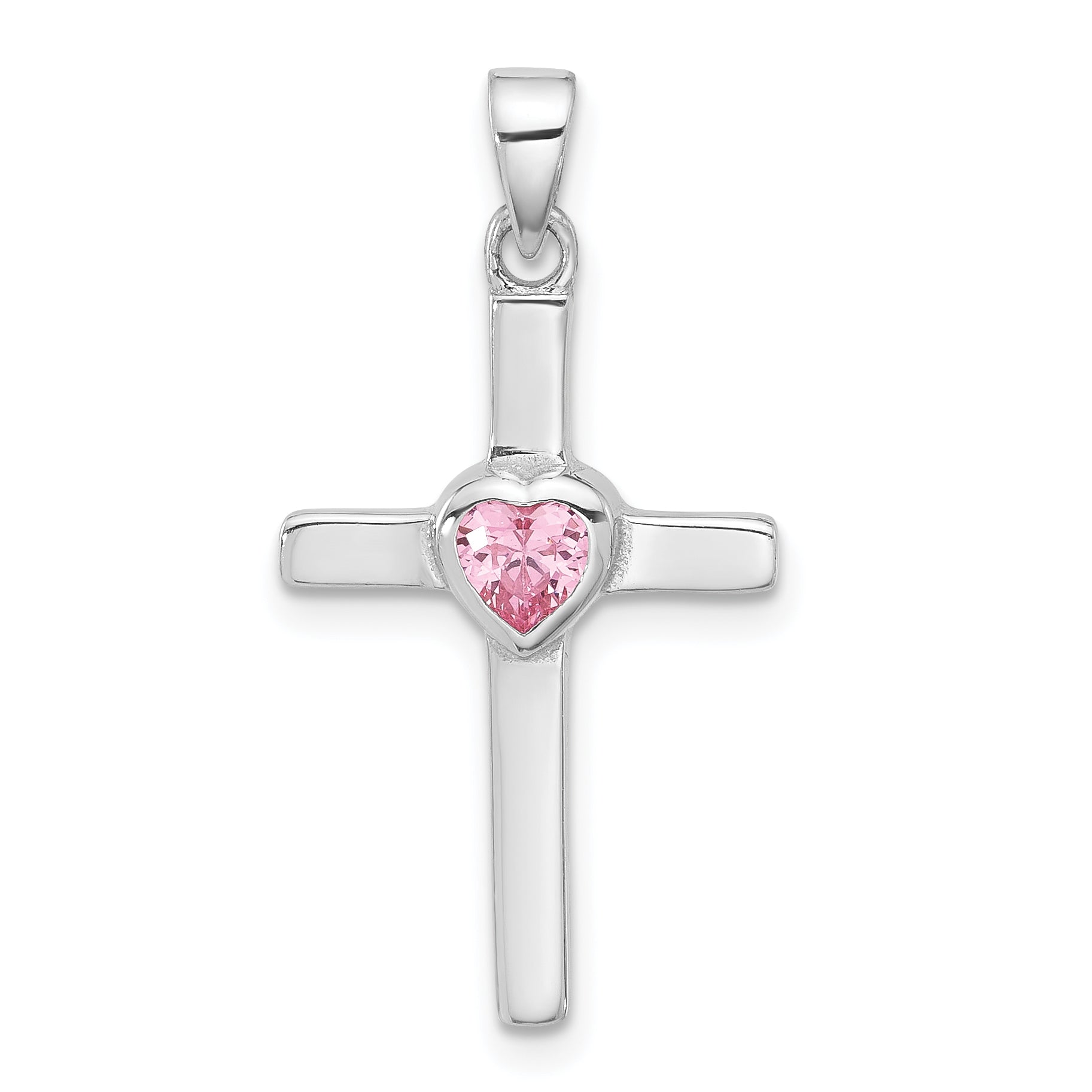 Sterling Silver Rhodium-plated Pink Heart CZ Cross Pendant Main image