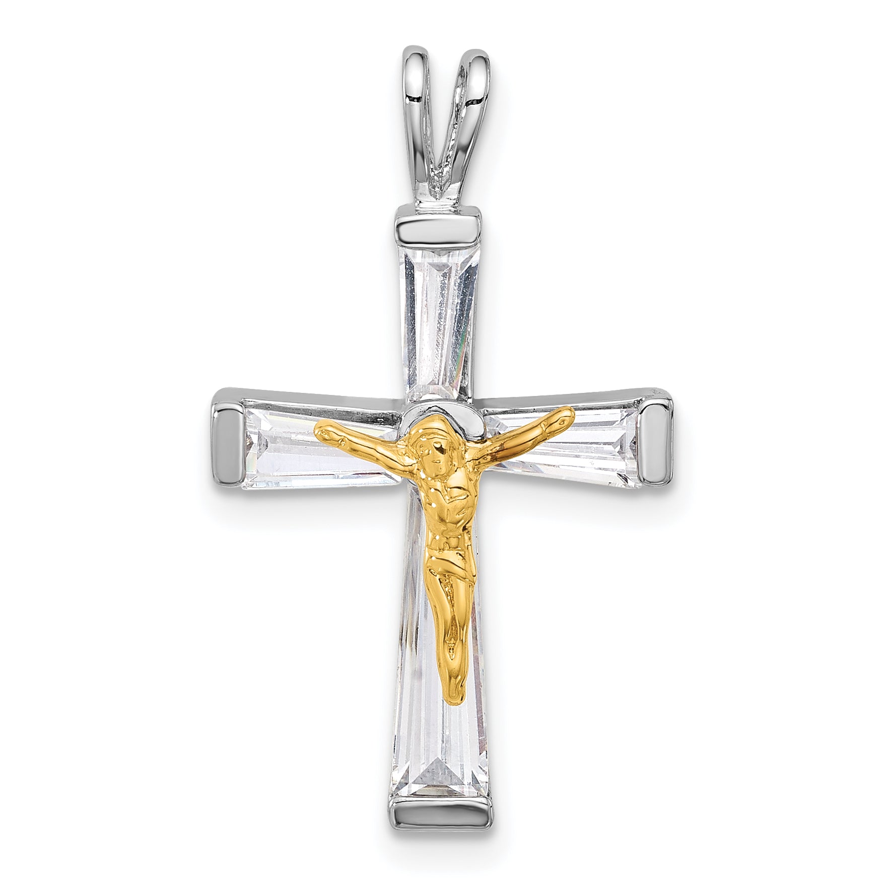 Sterling Silver Rhodium-plated Gold-tone CZ Crucifix Pendant Main image