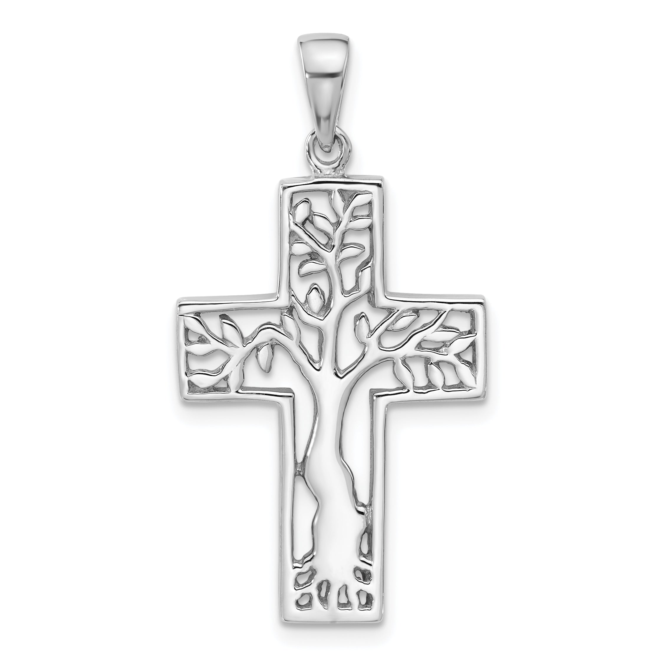 Sterling Silver Rhodium-Plated Polished Tree in Cross Pendant Main image