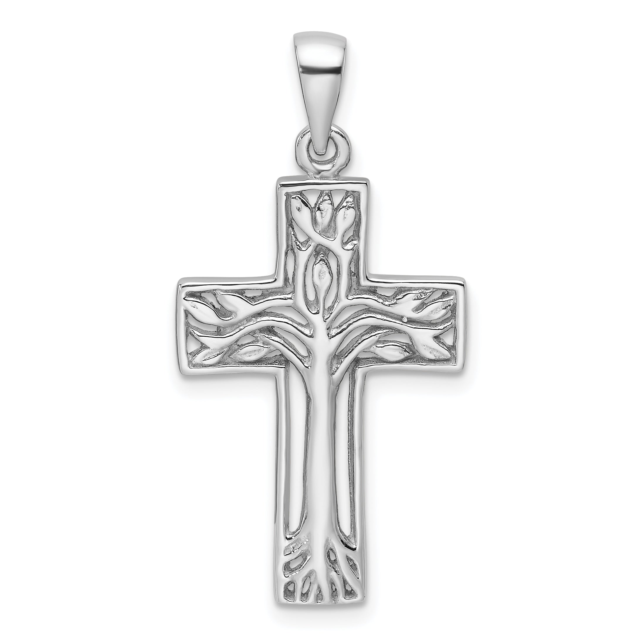 Sterling Silver Rhodium-Plated Polished Cross with Tree Pendant Main image