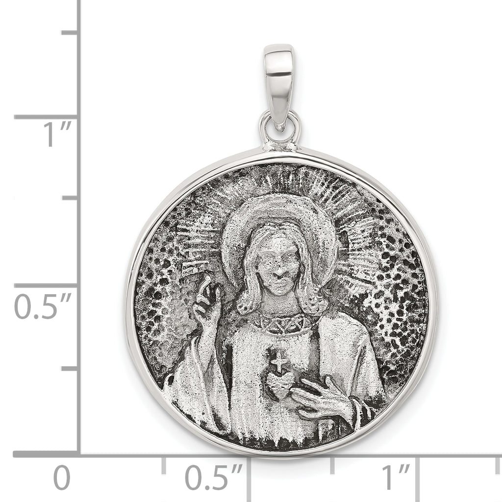 Sterling Silver Oxidized Sacred Heart of Jesus Reversible Medal Pendant