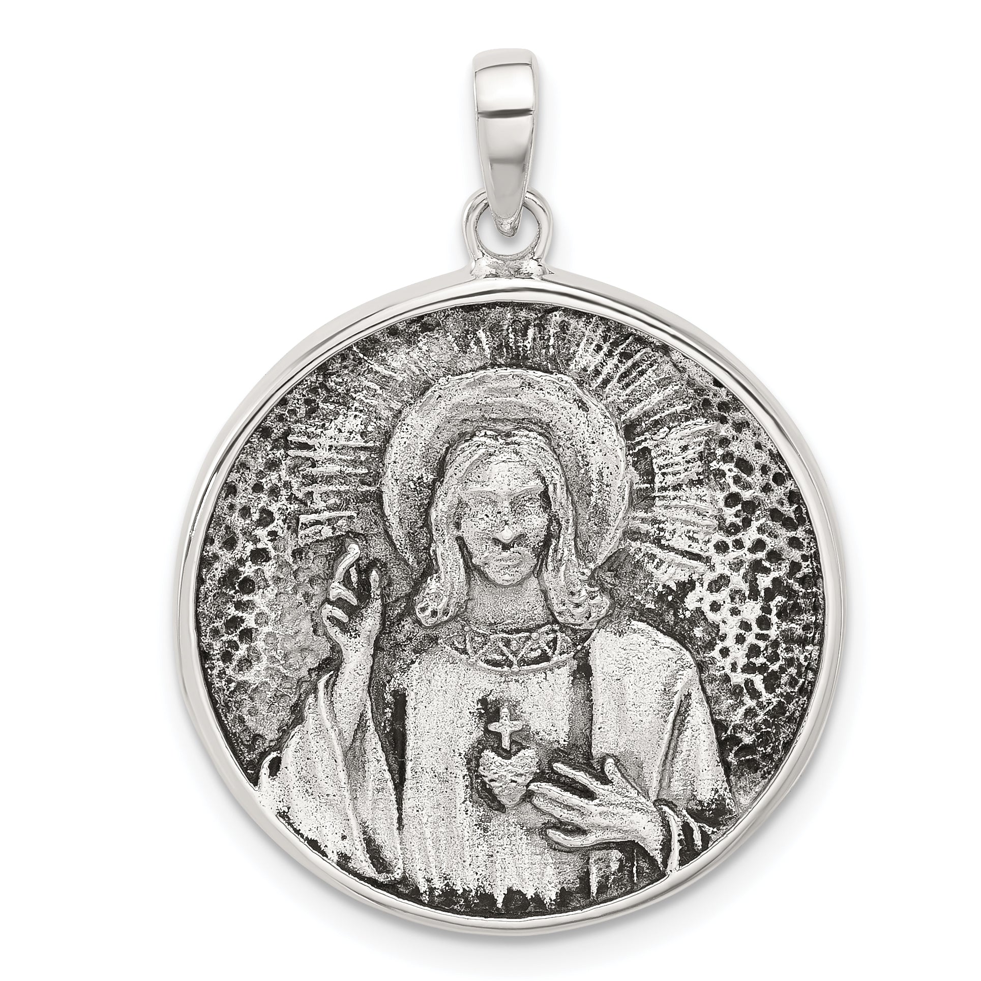 Sterling Silver Oxidized Sacred Heart of Jesus Reversible Medal Pendant Main image