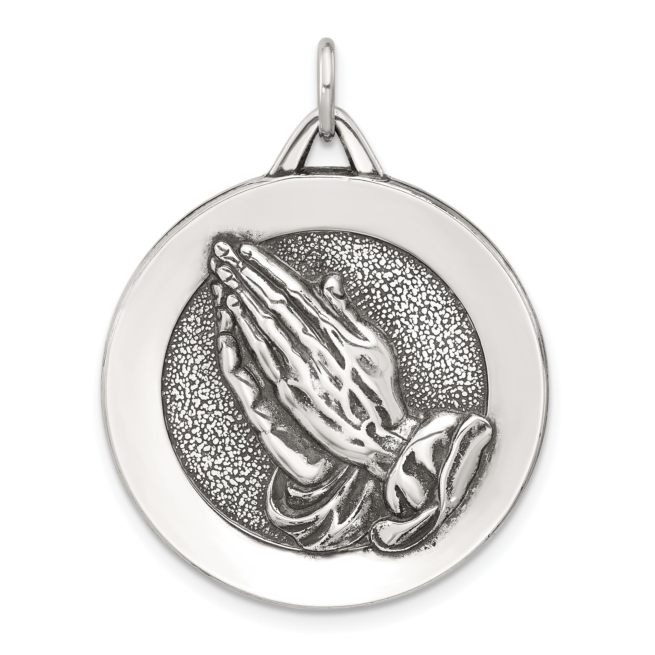 Sterling Silver Antiqued Solid Praying Hands Serenity Prayer Pendant